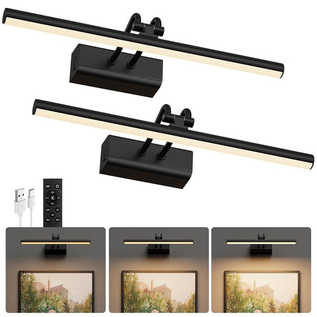 Percantis Battery Operated Wall Light for Living Room Picture Light for Wall Set of 2, 4000 mAh, 14'' Dimmable Art Painting Light, Remote Control, Display for Gallery, Living Room, Bedroom (Black)