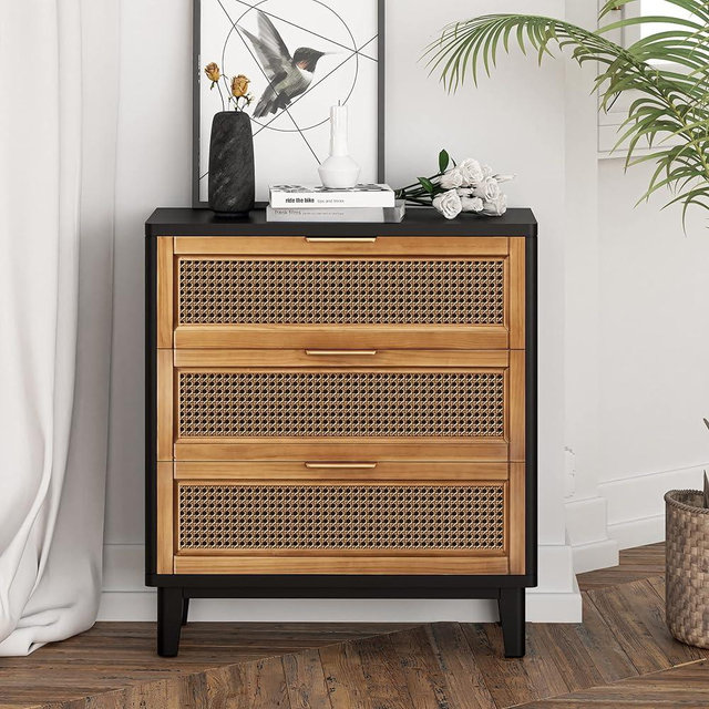 COZAYH Farmhouse 3-Drawer Nightstand, Woven Cane Front Accent Dresser with Brass Pull, Fully-Assembled, Black
