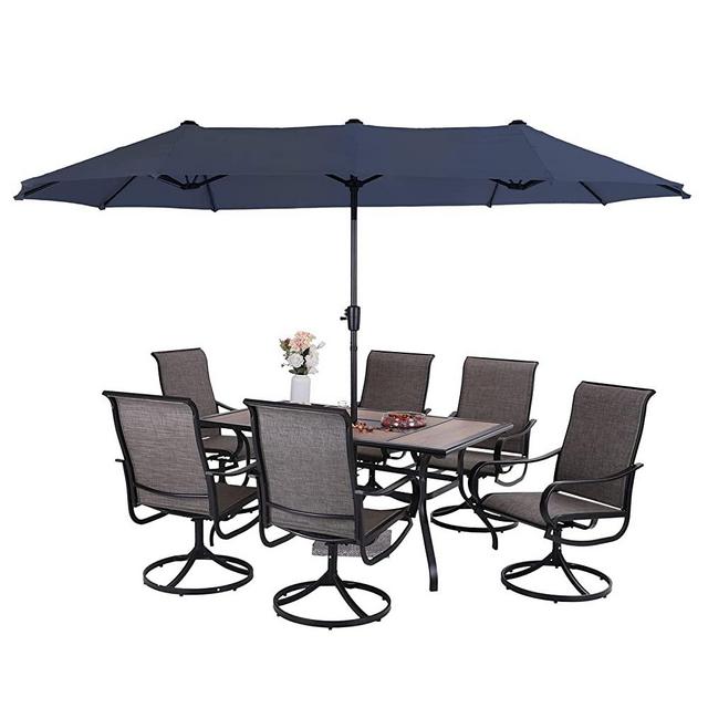 Sophia & William 7 Pieces Patio Dining Set with 13ft Double-Sided Patio Umbrella Navy Outdoor Furniture Set, 6 x Swivel Dining Chairs, 1 Wood Like Table for Lawn Garden Pool