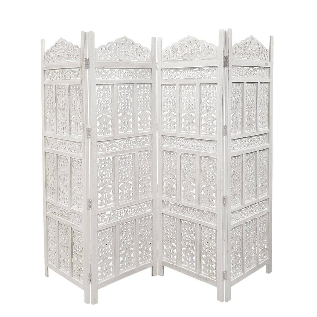 The Urban Port Aesthetically Carved 4 Panel Wooden Partition Screen/Room Divider Distressed White