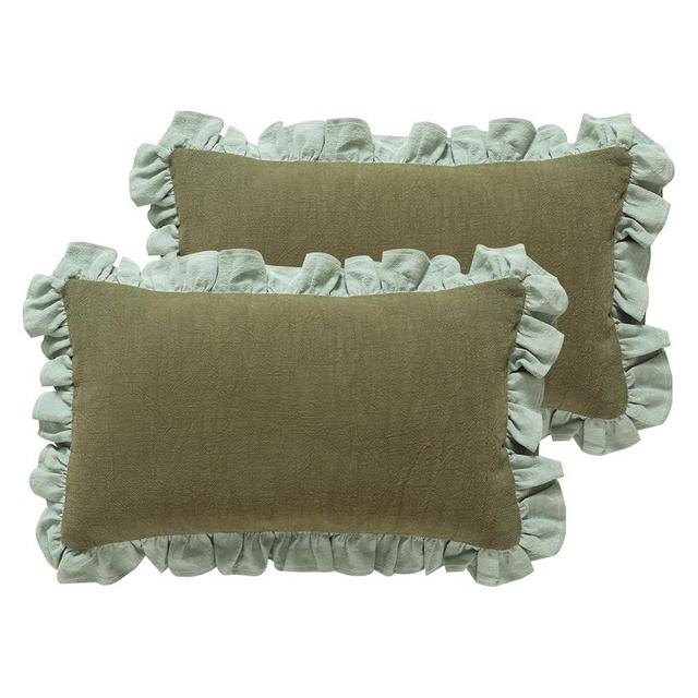 patdrea Shabby Chic Green Decorative Throw Pillow Covers 12x20 Set of 2,Farmhouse Linen Pillow Covers with Ruffles,Rectangle Sturdy Throw Pillow Case for Couch Sofa Bed Living Room