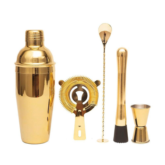 JWJIUEJIU Cocktail Shaker Set Bartender Kit,5 Piece Bar Set Stainless Steel Bar Tools Set for Professional Bartender and Home (Gold, 5-Piece)