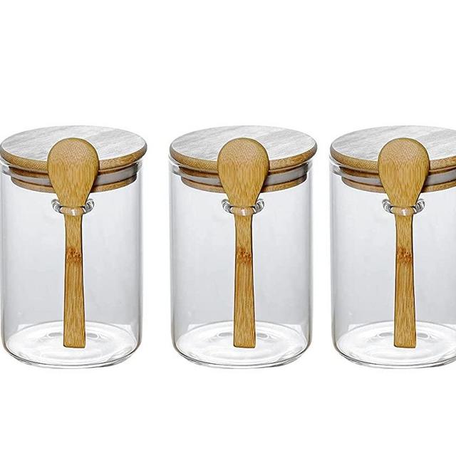 Glass Jar Containers with Bamboo Airtight Lid Wooden Spoon Scoop Food Storage Canister Clear Glass Containers Kitchen Organization Jars 3 Pcs 450ML