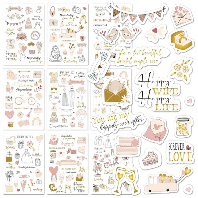 Wedding Stickers for Scrapbook | 9 Sheets Wedding Scrapbook Stickers | 241 Waterproof Sticker | Bridal Shower Engagement Marriage Anniversary for Engagement Planning Embellishments