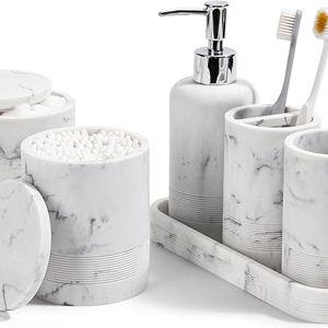 Bathroom Accessories Set, 6-Piece Bathroom Accessory Set, Toothbrush Holders Set, Soap Dispenser, Vanity Tray, Tumbler, Cotton Swab Jars, Bathroom Organizer for Modern Bathrooms (Marble White)