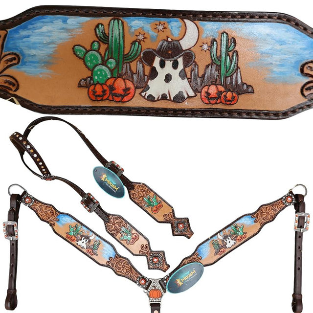 MOUSM Western Headstall Tack Set - Hand-Painted Cowboy Ghost, Cactus, Halloween Pumpkin with Desert Background and Hand-Carved Floral Design, Antique Finish