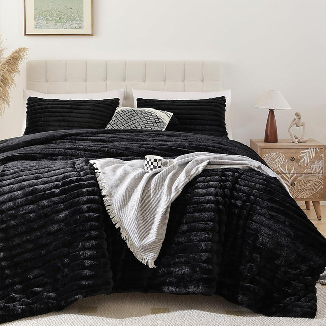 Smoofy Fluffy King Size Comforter Set 3 Pieces - Black Fleece Fluffy Comforter King Size, Luxury Fuzzy King Bedding Set, Soft &Warm King Size Bed Set All Season, Heavy Bedding King with 2 Pillow Cases
