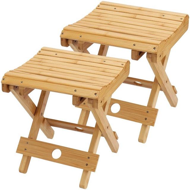 SINJEUN 2 Pack 12 Inch Natural Bamboo Folding Step Stool Bench for Bathroom, Spa, Sauna, Wooden Seat, Shower Bench Stool, Easy Assembled