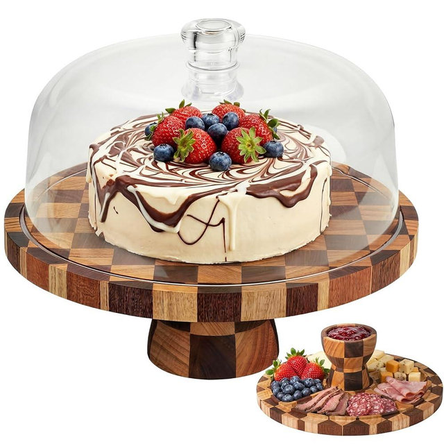 Metflavor Cake Stand with Dome Lid - 12in Wooden Cake Stand, 2-in-1 Dessert Display & Charcuterie Board, Checkered Platter for Serving Cupcakes, Cheese and Fruits