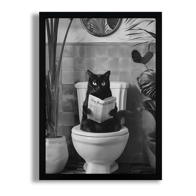 SYWENNOI Framed Black And White Bathroom Canvas Wall Art, Funny Black Cat Sitting on Toilet Reading Newspaper Wall Decor, Farmhouse Humor Animal Art Prints for Restroom Decoration 16x24 Inches