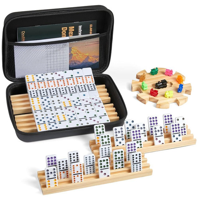 ELONGDI Mexican Train Double 12 Dominoes Set with 4 Wooden Trays/Racks in Portable Carrying Case Colorful 91 Tiles & 9 Trains Board Game for Family Game Night