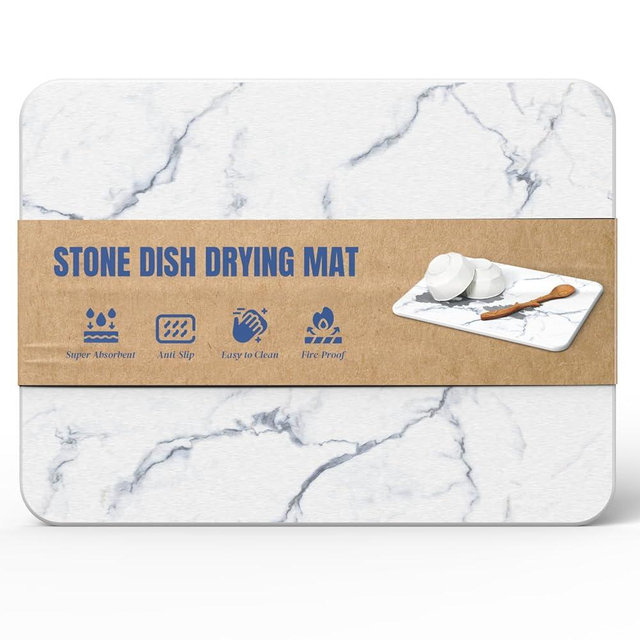 Plentio Quick Dry Stone Drying Mat for Kitchen Counter, Water-Absorbent Diatomaceous Dish Drying Mats, Multi-Purpose Stone Drying Tray for Cups Dishes Bottles, Carrara White Marble