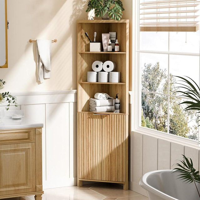 VINGLI Tall Corner Cabinet with Fluted Doors, 68" Oak Corner Storage Cabinet with Adjustable Shelves, Freestanding Natural Wood Corner Bookshelf for Bathroom, Living Room & Kitchen, Space-Saving