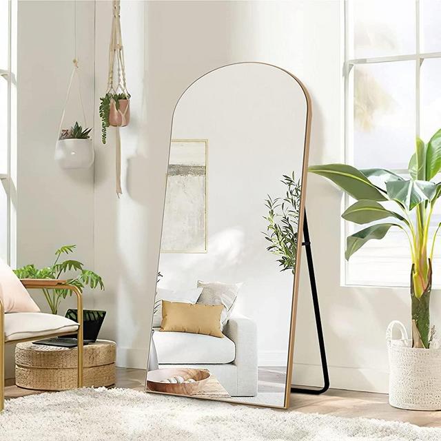 NeuType Arched Full Length Mirror, 59"x20" Wall Mirror, Wooden Thin Frame, Hanging or Leaning Against Wall, Oversized Large Bedroom Mirror, Floor Mirror, Dressing Mirror, Gold