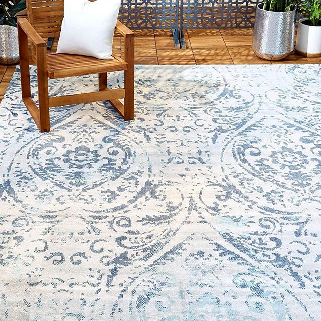 Home Dynamix Nicole Miller Patio Sofia Juniper Indoor/Outdoor Area Rug 5'3"x7'2", Distressed Damask Ivory/Blue