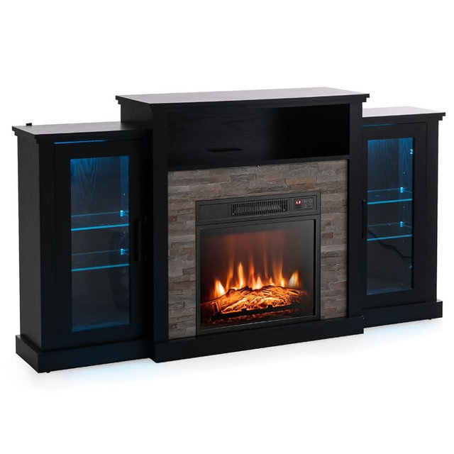 GOFLAME Fireplace TV Stand with LED Lights for TV up to 65”, Entertainment Center with 18” Electric Fireplace, Remote & APP Control, TV Console with Adjustable Glass Shelves (Black)