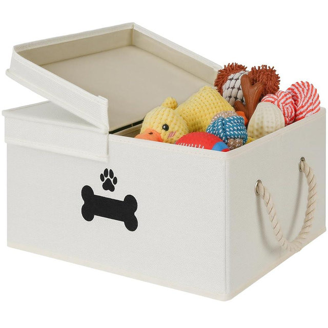 GreenPetopia Dog Toy Basket with Double-Open Lid, Divided Dogs Basket for Toys, Collapsible Pet Toy Box, Dog Storage Organizer with 2 Divided Area, Puppy Toys Baskets with Rope Handles, Beige