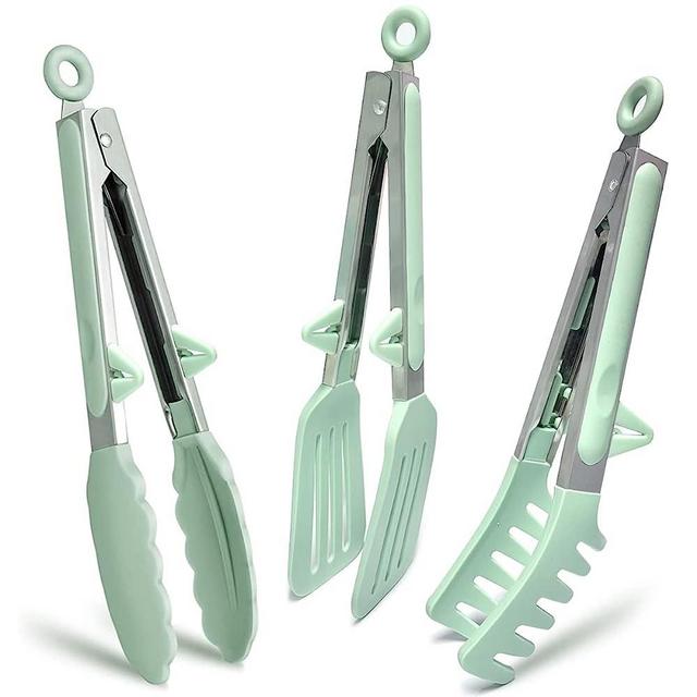 Kitchen Tongs for Cooking, 9 Inch Small Silicone Tongs, Food Grade Mini Serving Tongs with Silicone Tips, Set of 3, Green