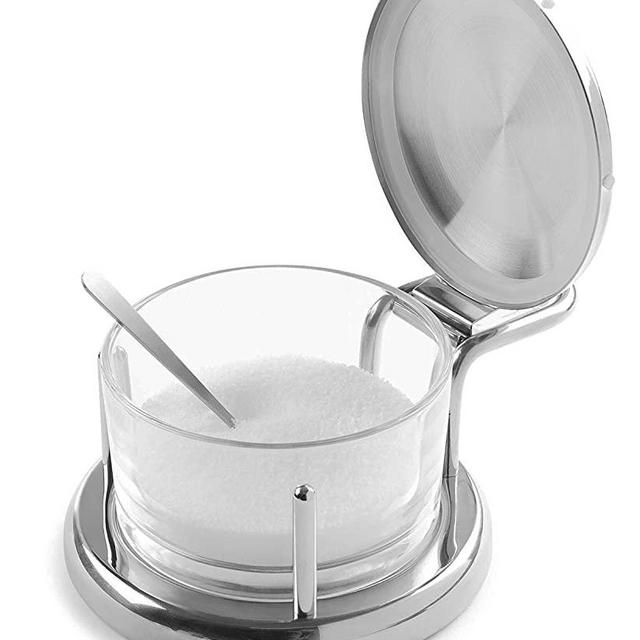 Glass Salt Server with Lid and Spoon Stainless Steel Serving Bowl Great for Storing Salt, Sugar, Honey, Cheese, Condiments, Spices and Herbs