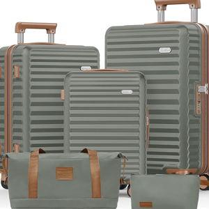 SHOWKOO Luggage Sets 3 Piece Hardside Expandable Suitcase with Double Spinner Wheels Tsa Lock, (Green, 5 piece set)