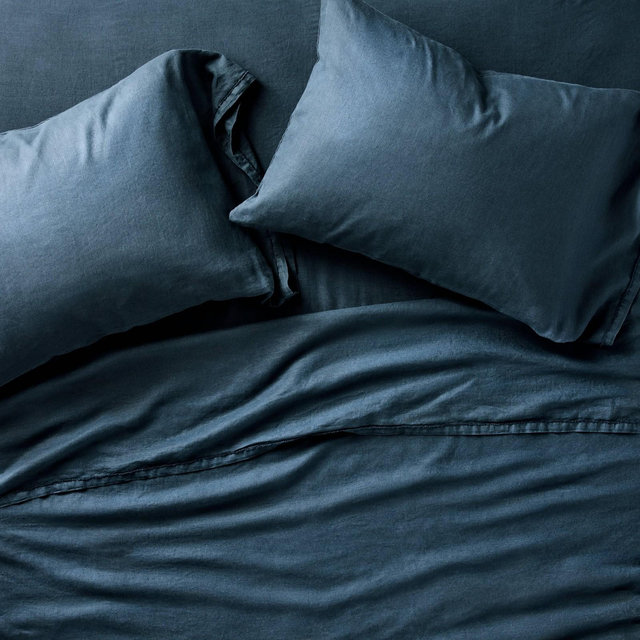 California King 100% Linen Sheet Set Dark Mineral Blue - Casaluna™