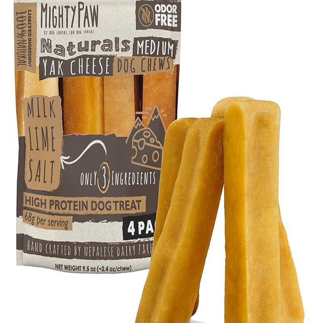 Mighty Paw Yak Cheese Chews for Dogs - All-Natural Long Lasting Pet Treats - Odorless Limited-Ingredient Chews for Puppies & Power-Chewers (Medium, 4 Pack)
