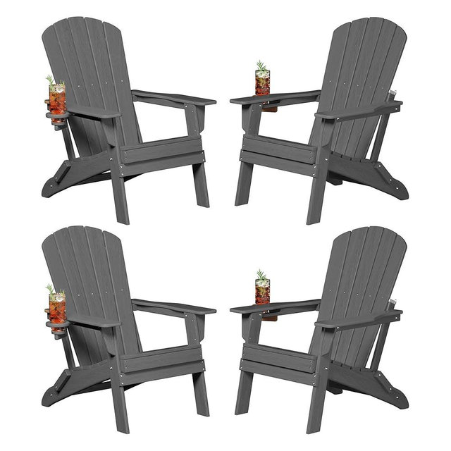 Plawdlik Folding Adirondack Chair, SGS Tested, Wooden Textured with Cup Holder, Heavy All-Weather HDPE Comfortable Set Poolside Backyard Lawn Grey Set 4