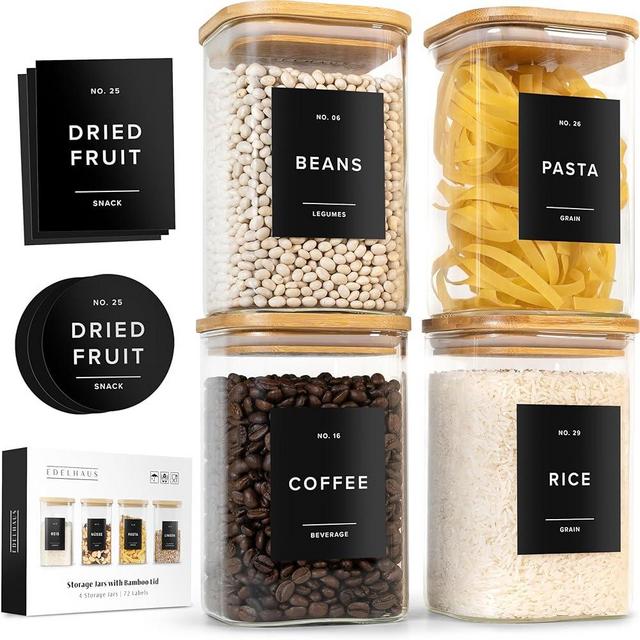 EDELHAUS Glass Storage Containers with Bamboo Lids 37fl.oz [Extra Thick Glas] with 72 Pantry Labels - Canister For Pantry Noodles Flour Cereal Rice Sugar Tea Coffee Beans - Square Set of 4x