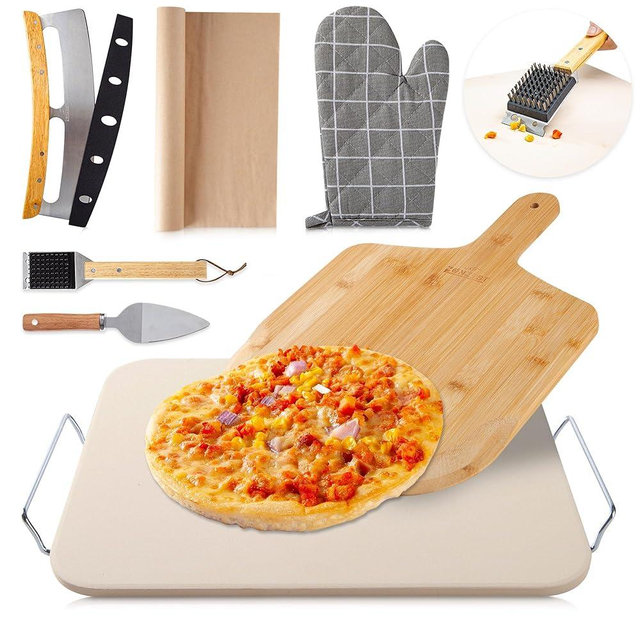 Zonzest 8 Pcs pizza stone set – professional 15" Large pizza stone for oven and Grill with pizza kit, Pizza cutter, Server, Pizza Peel, Gloves, baking paper Baking Stone for Grill -pizza peel set