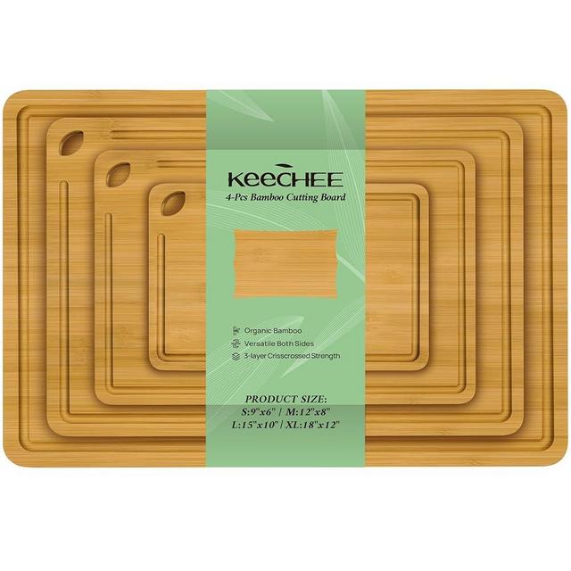 Bamboo Cutting Board, Durable Wood Cutting Boards for Kitchen with Deep Juice Grooves & Built-in Handles, Ideal Charcuterie & Chopping (Natural Bamboo, Set of 4 (S+M+L+XL))