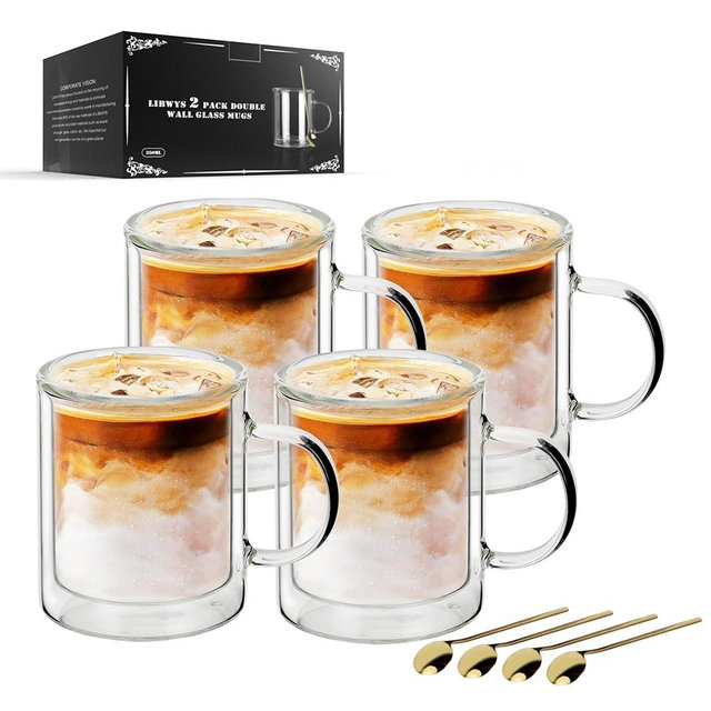 LIBWYS 12oz Double Wall Coffee Mugs (4-Pack) - Insulated Borosilicate Glass Cups with Handle for Espresso, Cappuccino, Latte - Heat Resistant, Dishwasher Safe Hot/Cold Beverage Glasses 350ml