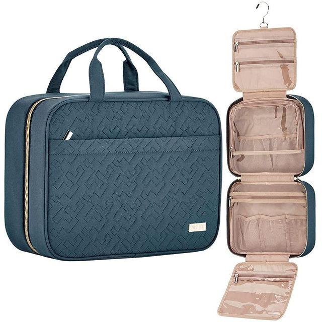 NISHEL Large Hanging Travel Toiletry Bag, Portable Makeup Organizer, Cosmetic Holder for Brushes Set, Full-Sized Shampoo, Conditioner, Accessories, Lake-Blue