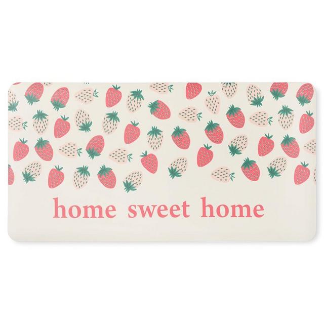 SUR LA TABLE KITCHEN ESSENTIALS Home Sweet Home Quirky Strawberries Fruit Anti Fatigue Comfort Mat, Kitchen Mat, Standing Mat, Non-Slip Backing, Pink/Green/Cream, 20"x39"