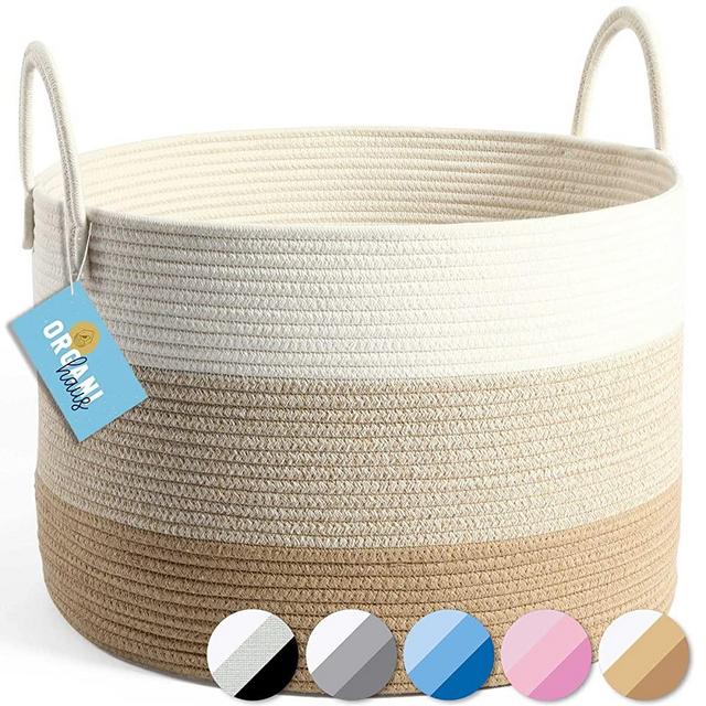 OrganiHaus XXL Cotton Rope Blanket Basket | Rope Storage Baskets for Organizing | Rope Laundry Basket and Nursery Hamper | Decorative Basket for Blankets and Toy Basket (Wide) 20x13-3 Toned Honey