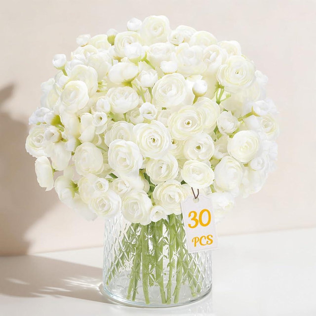 Alupssuc 30Pcs Ranunculus Artificial Flowers Faux Silk Mini Ranunculus, Spring Flowers Artificial Indoor for DIY Bouquets, Bulk Fake Wedding Filler Flowers for Bride Shower Decorations, Ivory White