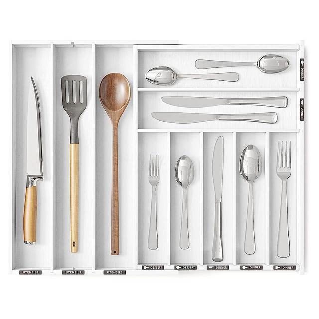 SpaceAid Bamboo Silverware Drawer Organizer with Labels, Kitchen Utensil Expandable Tray Holder Organizer for Flatware, Cutlery, Spoon and Knives Drawer Storage Organization (White, 10 Slots)