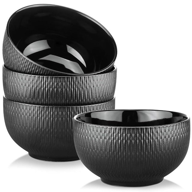 Yedio Black Ceramic Bowls Set of 4, 38 oz Porcelain Large Bowl for Kitchen, Cereal, Soup, Dessert, Rice, Snack, Fruits, Ice Cream, Noodle,Breakfast, Microwave Dishwasher Freezer Oven Safe