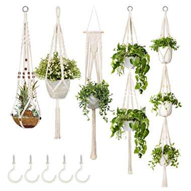 5-Pack Macrame Plant Hangers with 5 Hooks, Different Tiers, Handmade Cotton Rope Hanging Planters Set Flower Pots Holder Stand, for Indoor Outdoor Boho Home Decor