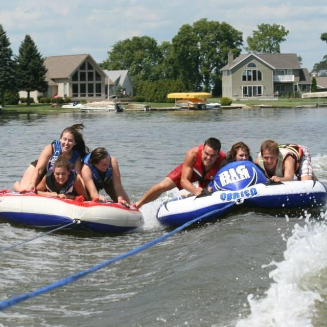 Tubing at Mattie Lehman's lake house with college friends. From left: Emily Shenk, Becca, Mattie Lehman, Jake, Keri Weaver, and Ben Mast
