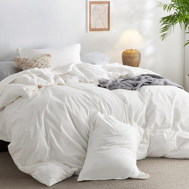 Bedsure Comforter Set King Size White - Cotton Fabric with Microfiber Inner Fill, King Comforter Set for All Seasons, 3 Pieces, 1 Comforter (104"x90") and 2 Pillow Cases (20"x36")