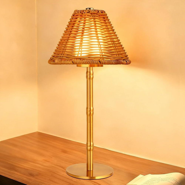 Mr.White Rechargeable Cordless Table Lamp with Wicker Shade, 5200mAh Battery Operated Portable Table Light with Touch Control, for Patio Restaurant Kitchen Dinner (Gold)