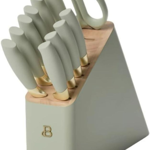 12 Piece Stainless Steel Knife Block Set with Soft-Grip Handles - Sharp Kitchen Knives Set for Cooking - Home & Kitchen, RV Essentials for Camping by Drew Barrymore (White Icing) (Sage Green)