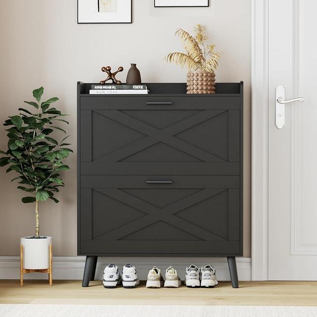 Homleke Farmhouse Shoe Storage Cabinet with 2 Flip Drawers and Barn Door Design, Adjustable Shelves, Modern Hidden Slim Narrow Shoe Rack Cabinet for Entryway, Foyer, Hallway, Living Room, Black