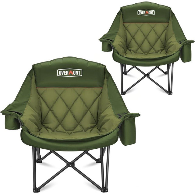 Overmont Oversized XL Camping Chair for Adults - 400lbs Support Heavy-Duty Padded Folding Chair with Side Pocket Cup Holder Cooling Bag for Outdoor Sports Garden Beach Fishing Lawn Green 2pcs