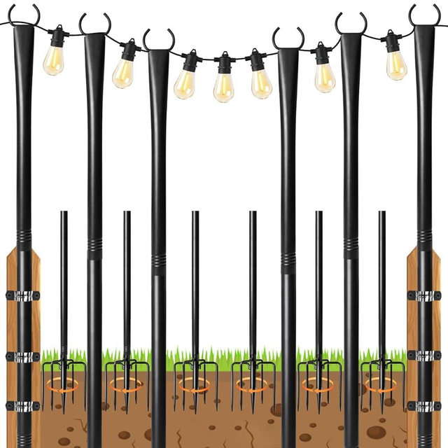 6 Pack String Light Poles for Outside, 10ft Heavy-Duty Metal Light Poles for Outdoor String Lights with Fork, Adjustable Lighting Stand for Patio Decor Backyard Pergola Garden Deck Porch Decorations
