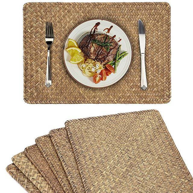 OwnMy Pack of 6 Natural Seagrass Placemats Woven Rattan Place Mat Rectangular Table Mats, 17" x 12" Sea Grass Meal Placemat Bamboo Place Mats for Dining Table Home Kitchen Picnic Table Decor (Coffee)