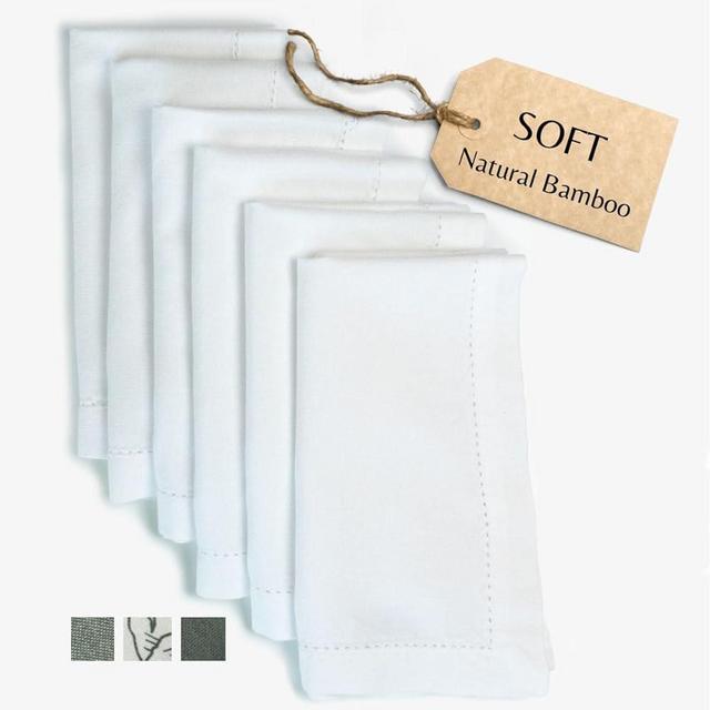 Rickion White Linen Napkins Set of 6 - Hemstitched Bamboo Dinner Napkins - 18" x 18" - Sophisticated Decor for Dining Tables and Holiday Decorations