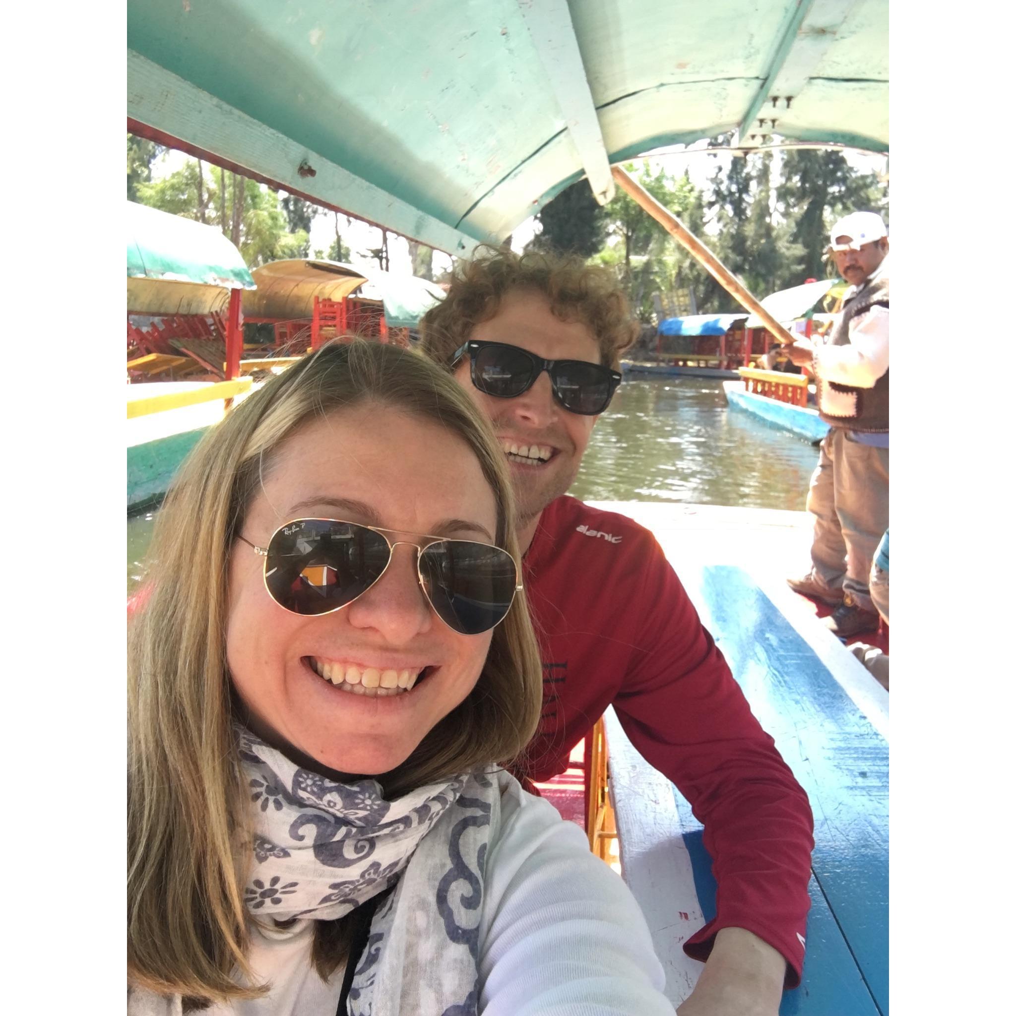 On a canal boat in Mexico