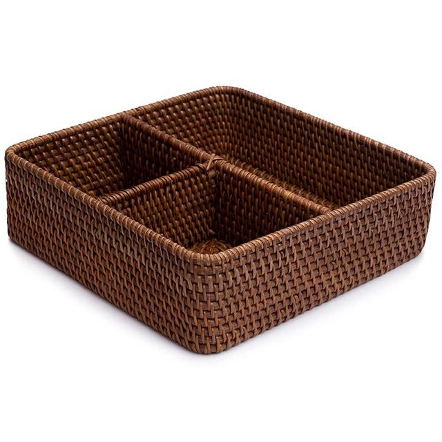 Wicker Baskets for Organizing Kitchen 11.8x11.8x3.5 in Rattan Divided Basket Organizer 3 Section Storage Basket for Pantry Compartment Organizer Tray Basket for Bathroom Countertop (3-Divider, Dark Brown)