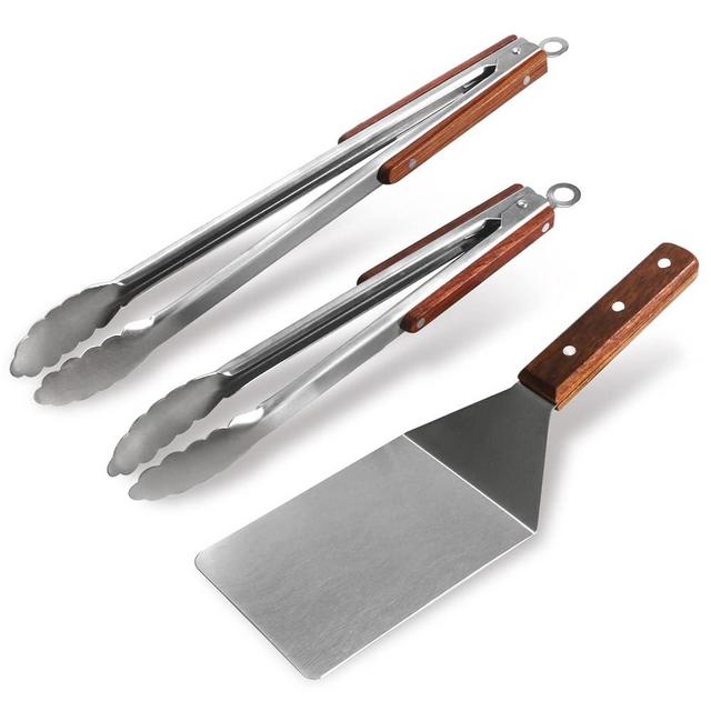 Tongs and Spatula Set of 3, Heavy Duty Stainless Steel Kitchen Tongs 12"/16" & Metal Spatula 4 x 5.5 with Wood Handle for BBQ Grill Flat Top Griddle, Professional Grill Accessories Gift